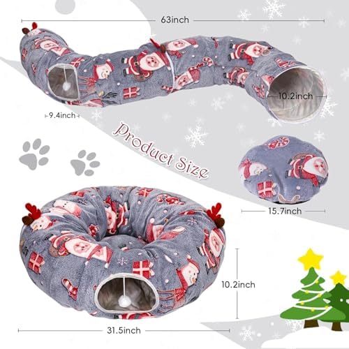 Cat Tunnel Christmas Tree Skirt, Cat Tunnel Bed, Cat Donut Tunnels Bed for Indoor Cats, with Washable Cushion, Hanging Toy Ball, Christmas Tree Protector & Decoration - Image 2