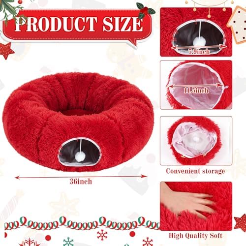 Christmas Tree Cat Tunnel 36 in Donut Bed, Red, Plush, Fluffy - Image 2