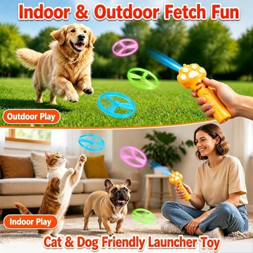 Cat Fetch Toy Disc Launcher, USB C Rechargeable Interactive Toy with 3 Soft Flying Discs, 3 Glow Discs, Electric Saucer Launcher for Indoor Cats, Hunting Exercise and Boredom Relief, Yellow - Image 2