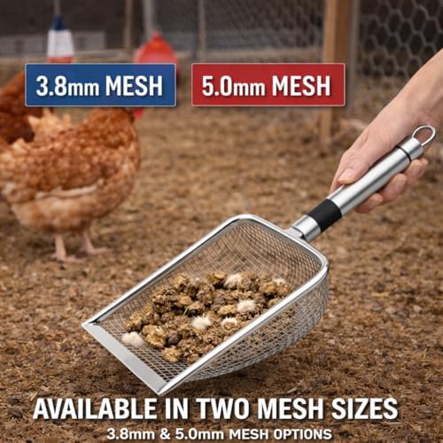 Chicken Poop Scooper 2 Pack, Stainless Steel Coop Scoop, 3.8mm & 5mm Mesh - Image 2