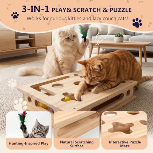 Wooden Cat Scratch Puzzle Enrichment Box,Interactive Cat Slow Feeder Maze Puzzle Toy,Durable Mental Stimulation Enrichment Toy.Relieve Boredom & Reduce Destructive Behaviors - Image 2