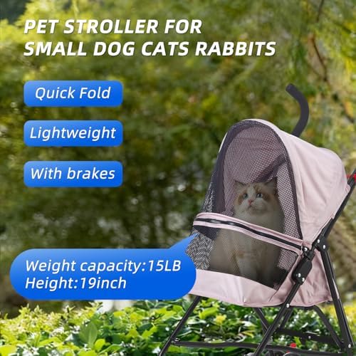 Pet Stroller Oxford Cloth Foldable Dog Strollers for Small Dogs and Cats Suitable for All Road Surfaces Wide-View Panoramic Window 4 Wheels with Brakes Portable Design, Easy to Store (Pink) - Image 2