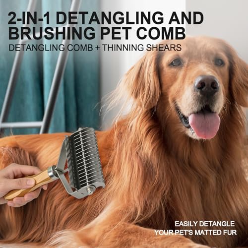 2-in-1 Pet Dematting&Deshedding Undercoat Rake with Bamboo Handle - Image 2