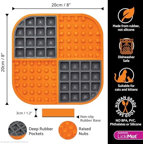 LickiMat Slomo, Cat Slow Feeder Lick Mat, Boredom Anxiety Reducer; Perfect for Food, Treats, Yogurt, or Peanut Butter. Fun Alternative to a Slow Feed Cat Bowl or Dish, Orange - Image 2