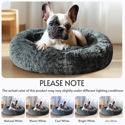 JOLLYVOGUE Calming Dog Beds Large Sized Dog, 36in Donut Washable Large Pet Bed, Anti-Slip & Anti-Anxiety Fluffy Faux Fur Round Dogs Bed, Fits up to 80 lbs Pets (Navy Grey) - Image 7