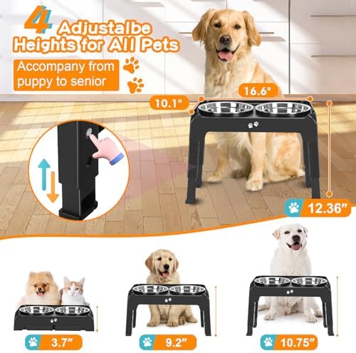 COMESOON Elevated Dog Bowls, 4 Height Adjustable Raised Bowl Stand with 2 Thick 50oz Stainless Steel Food Bowls Non-Slip Feeder Adjusts to 3.7'', 9.2'', 10.75'', 12.36'' Black, (DB-W01) - Image 2