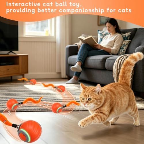 Interactive Cat Toy Ball - Automatic Moving Cat Ball for Indoor Cats with 3 Tails, Rechargeable Silent Kitten Toy for Boredom & Exercise, Rolling Ball Toy with 2 Modes & 2 Speeds. - Image 7
