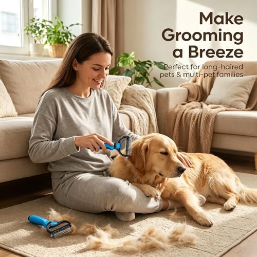 Dog Dematting Comb, Double Sided Dog Grooming Comb, Stainless Steel Undercoat Rake for Dogs & Cats, Pet Grooming Brush for Removing Mats, Tangles and Loose Fur, Deshedding Tool for Long Hair Pets - Image 2