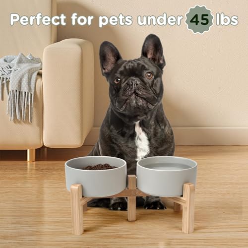 SPUNKYJUNKY Elevated Dog Bowls Ceramic, 6.1'' Dogs and Cat Food Water Bowls Raised with Non-Slip Bamboo Stand for Medium Sized Breed Microwave Dishwasher Safe - 28.7 OZ,Grey - Image 7