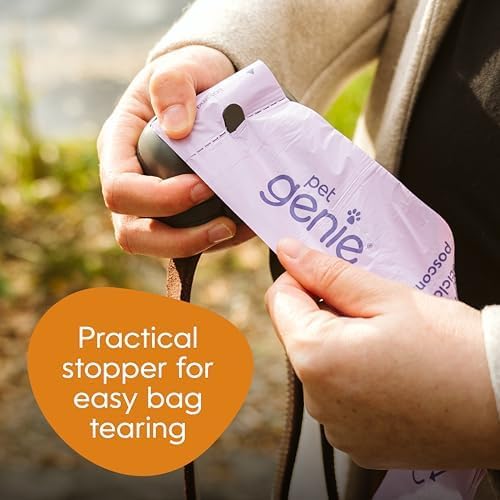 Pet Genie - On-the-Go Dog Poop Bag Dispenser for Leash - Compact & Easy to Use Device for Pet Supplies with 2-Point Secure Attachment, Includes 1 Roll (15 count) of Scented Poop Bags, (Lavender Scent)