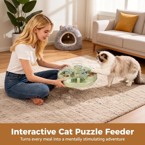 Interactive Cat Puzzle Feeder, Slow Feeder Cat Treat Puzzle, Food Dispensing Stimulation Toy with Detachable Lid, 2 Adjustable Difficulty Modes for Kittens Mental Stimulation (Green) - Image 2