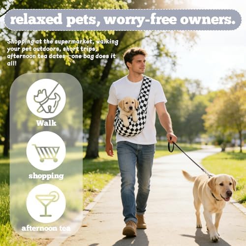 Dog Sling Carrier for Small Dogs and Cats 5–16 lbs, Puppy Carrier Sling with Safety Hook and Storage Pocket, Hands Free Pet Carrier Purse for Travel, Walking, Shopping (Ebony Check) - Image 7