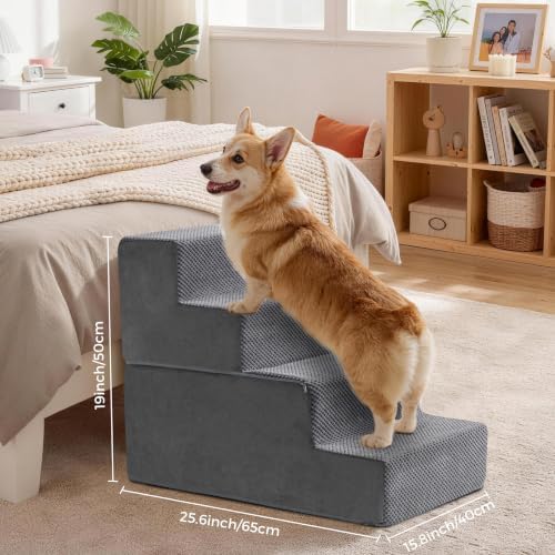 Dog Stairs, Steps and Ramp for High Bed & Sofa, 13-24" H Detachable Pet Stairs for Small Medium Dogs, Sturdy 40D Foam, Non-Slip, Washable Cover with Lint Roller, Grey - Image 7