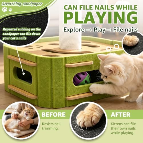 Cat Nail File Scratcher Boxs,Interactive Cats Puzzle Toys with Sisal Column Bell Balls,Indoor Cat Maze Hunting Game Toy for Scratching Mental Stimulation Boredom Relief - Image 2