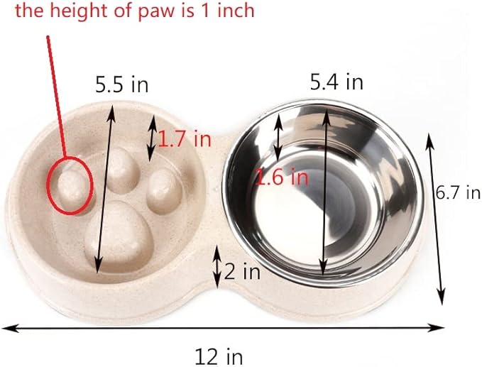 Slow Feeder Dog cat Double Bowl Stainless Steel and Anti-Choking White