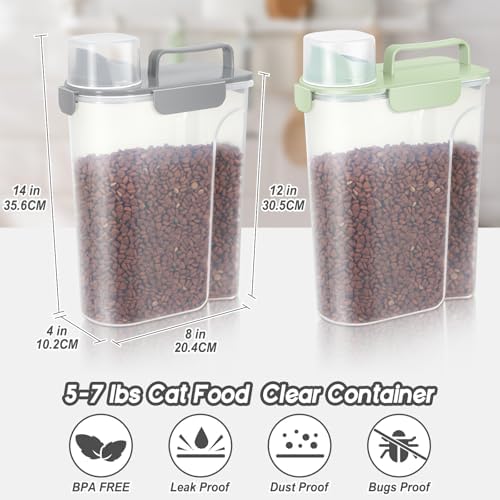 LEAWALK Cat Dog Food Storage Container Upgraded Large Nozzle, BPA-Free 5Lbs/6Qt/5L Plastic Pet Food Storage Container With 4 Sealed Clasps and Handle, Easy to Clean and Carry-2 Pack Gray+Green - Image 2