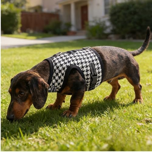 Dog Harness for Mini Dachshund, Houndstooth Rub-Free Dachshund Harness Vest, No Pull & Escape Proof, No Armpit Rub, Reflective Adjustable Dog Harness (Black, XS: Chest 25-31cm (10"-12")) - Image 7