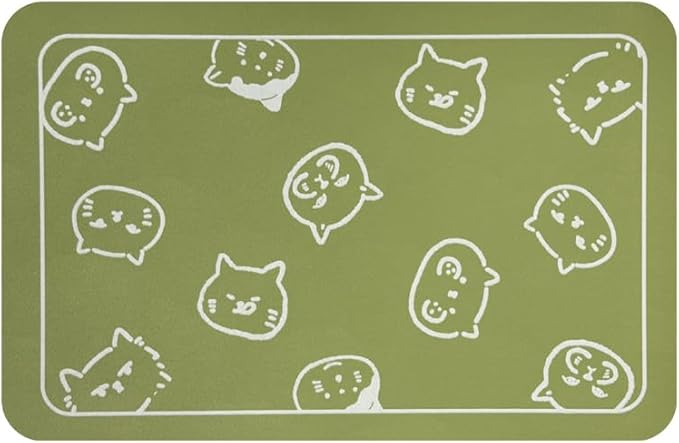 YCT Cat Food Mat, Cat Mat for Food and Water, Pet Feeding Mat, Non-Slip Super Absorbent, with Multiple cat Heads Logo, 24 x 16.9 inches, Green