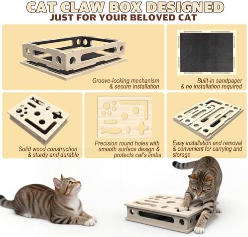 Cat Scratch Puzzle Enrichment Box, Large Solid Wood with Sandpaper Inside - Image 2