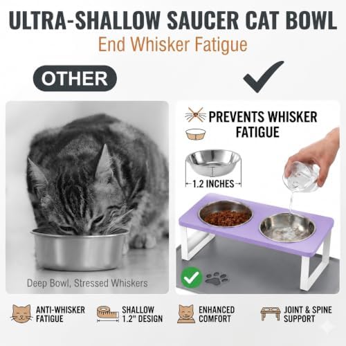 Summark Upgraded Elevated Cat Bowls with Food Mat,15°Tilted Stand Anti Vomiting Raised Cat Dishes for Food and Water,2 Stainless Steel Bowls for Cats and Puppy(Lavender) - Image 2