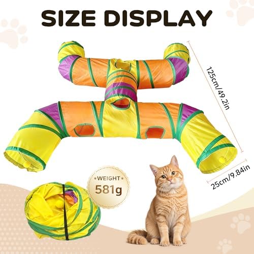 Cat Tunnels for Indoor Cats, Cat Tunnel with Plush Ball, Kitten Tunnel Collapsible, Cat Play Tunnel with Interactive Peephole for Large Cat, Puppy, Kitten (Colorful-4 Way) - Image 2