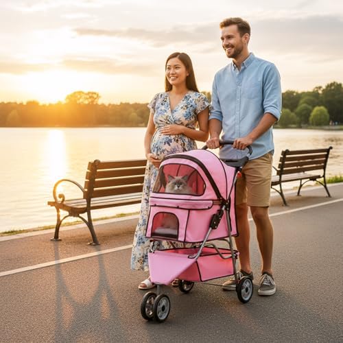 BestOffice Pet Stroller for Small Medium Dogs & Cats, 3-Wheel Foldable Dog Stroller with Cup Holder, Lightweight Travel Carrier, Waterproof Design for Outdoor Walks, Pink - Image 2