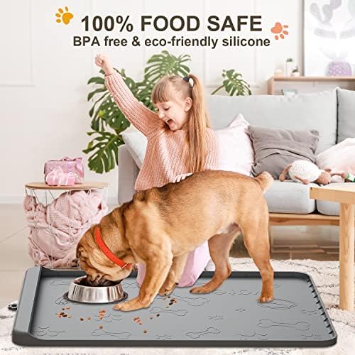 Dog Food Mat - Silicone Dog Mat for Food and Water - 28" x 20" Pet Feeding Mats with Residue Collection Pocket - Waterproof Dog Cat Bowl Mat with High Edges to Prevent Water Food Spills (Gray) - Image 7