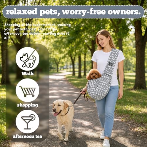 Dog Sling Carrier for Small Dogs and Cats 5–16 lbs, Puppy Carrier Sling with Safety Hook and Storage Pocket, Hands Free Pet Carrier Purse for Travel, Walking, Shopping (Grey Ripple) - Image 7