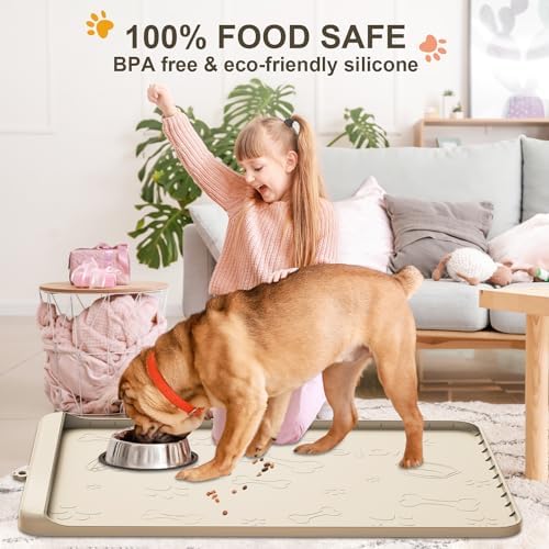 Dog Food and Water Mat 28x20 Inch Sand Color - Non-Slip Silicone Mat with High Edges & Residue Pocket - Waterproof Pet Feeding Mat for PET - Image 7