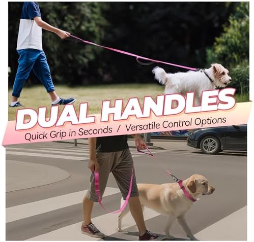 VIVAGLORY Double Handle Dog Leash Twingrip, 5ft x 1/2in, Pink-Carabiner - Image 2