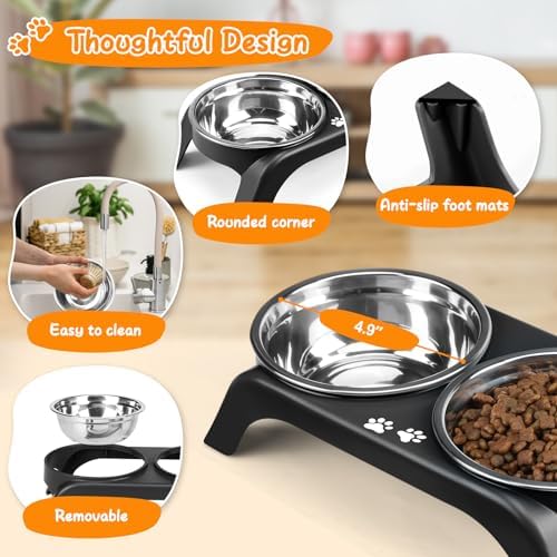 Elevated Dog Bowls for Small Dogs, 3” High Raised Dog Bowl Stand with Dual 5” Stainless Steel Bowls Non-Slip Pet Feeder for Puppy and Cats, Dishwasher Safe, Black - Image 2