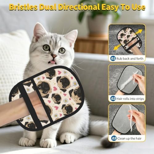 Pug Dog Face Pink Heart Daisy Flower Pet Hair Removal Glove For Cats Dogs - Image 7