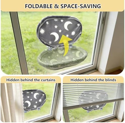 Cat Window Perch Hammock - Glow in the Dark Cordless Foldable Pet Bed with Sturdy Metal Frame & Strong Suction Cups, Star Print Resting Seat for Indoor Cats with Removable Washable Cover - Image 7