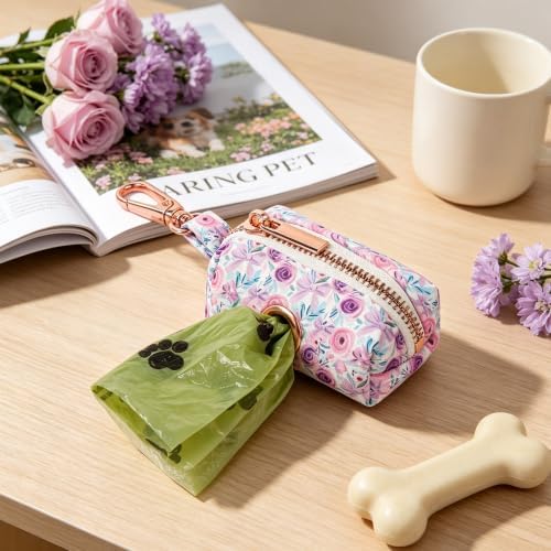 ARING PET Floral Dog Poop Bag Holder, Cotton Puppy Purple Rose Waste Bag Dispenser Attach to Any Leashes, Portable Washable Pet Waste Pouch Holder with Two Rolls of Bags - Image 2