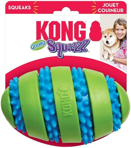 KONG Goomz Dog Toy – Durable Squeaky Chew Ball for Dental Health, Teeth & Gums Massage, Indoor/Outdoor Fetch Play (Football/Ball Combo) - Image 2