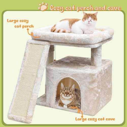 Small Cat Tree for Indoor Cats, Cat Tower with Scratching Post, Perch and Cozy Condo for Kittens and Adult Pets (Beige) - Image 2