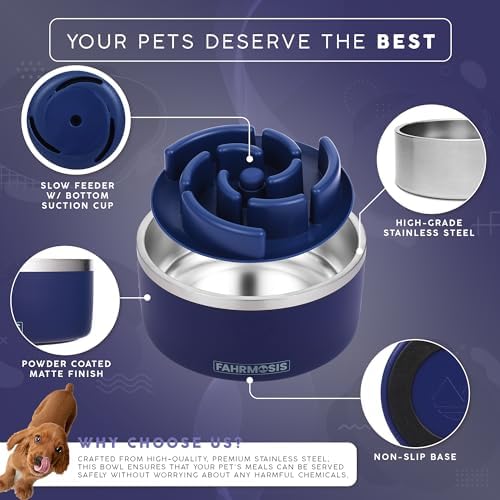 FAHRMOSIS 32 Oz Dog Bowl with Slow Feeder Insert Stainless Steel Pet Water Bowl for Medium & Large Breed Non Slip Rubber Base & Plastic Puzzle Feeder - Navy Blue - Image 2