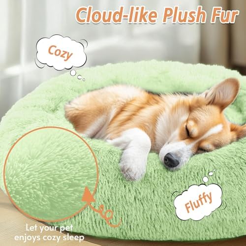 JOLLYVOGUE Calming Dog Bed for Small Dogs - 23 inches Donut Washable Small Dog Bed for Kittens & Puppies, Anti-Slip Round Fluffy Plush Faux Fur Cat Beds (Fits up to 25 lbs Pets, Light Green) - Image 2
