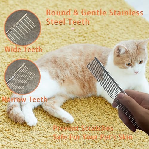 Cat Grooming Brush Kit 6 Tools - Deshedding & Dematting for Long/Short Hair, Self-Cleaning Slicker Brush with 6-in-1 Flea Comb for Cats & Kittens (Orange) - Image 7