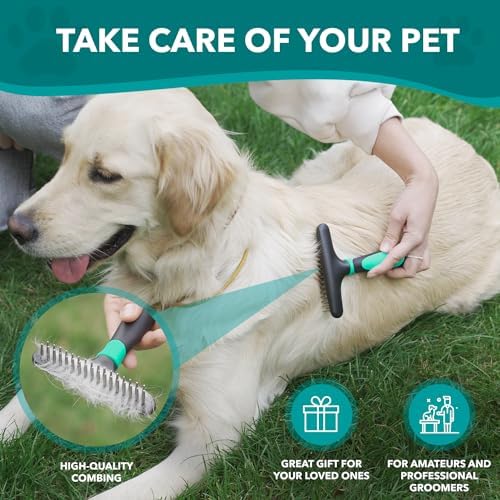 DOGI Deshedding Brush Comb - Undercoat Rake for Dogs, Cats, Short, Long Hair Coats - Double Row Stainless Steel Pins - Reduce Shedding by 90% (Green) - Image 7