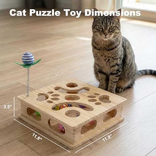 Pine Wooden Cat Puzzle Box, Interactive Maze & Scratch Enrichment Toy, Puzzle Toys for Indoor Cats with Sisal Wand, Silent & Bell Balls (Large) - Image 2