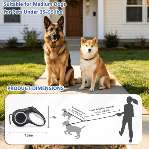 16.4ft LED 360° Dual Retractable Dog Leash for Medium Dogs 35–55 lbs, USB Rechargeable LED Light, 360° Tangle-Free, Detachable Front Lead & Emergency Ready, Reflective Elastic (White) - Image 6