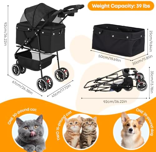 Pet Stroller,Dog Stroller for Small Medium Dogs Cats,3 Wheels,Black - Image 2