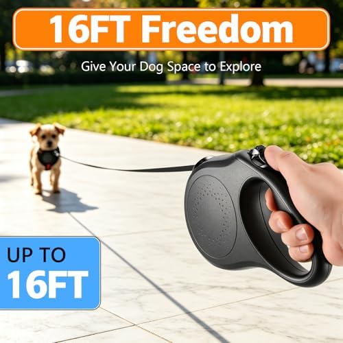 Retractable Dog Leash, 16 FT Strong Nylon Tape for Small and Medium Dogs up to 55 lbs, 360° Tangle-Free Design, One-Hand 3-Mode Brake & Lock, Ergonomic Non-Slip Handle, Black - Image 7