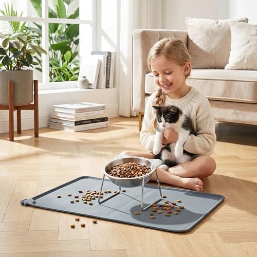Elevated Cat Bowl with Food Mat - 15°Tilted Stand Raised Cat Bowl, Stainless Steel Whisker Friendly Anti Vomiting Food Water Dishes, Silicone Feeding Mat for Cats Puppy Kitten Small Dog - Image 7