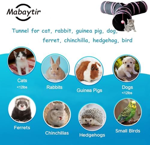 Rabbit Tunnels & Tubes Collapsible 3 Way Black with Pink Paws, Play Tunnel Tube Toy with Hanging Ball for Kitten, Puppy, Bunny, Ferret, Interactive Toys for Fun Playtime & Exercise - Image 5