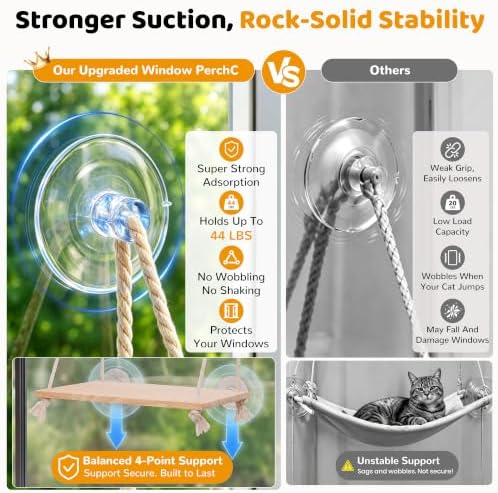 Cat Window Perch Hammock with Upgraded 4 Suction Cups Soft Cushion Wood Bed - Image 2