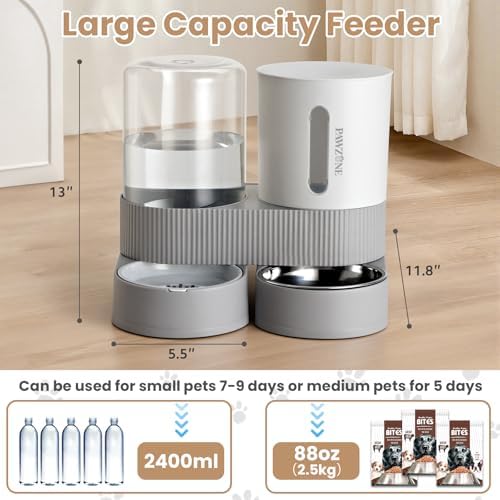 2 Pack Automatic Cat Feeder Stainless Steel Water Dispenser Gravity Food Feeder and Waterer Set with Pet Food Bowl for Small Medium Kitten Puppy Pets Large Capacity(Grey) - Image 2