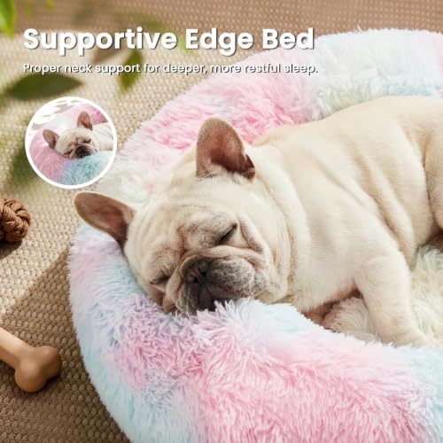 Love's cabin Calming Cat Bed for Indoor Cats, Anti-Anxiety Donut Round Dog Bed,Fluffy Faux Fur Washable Pet Bed for Small Medium Dogs and Cats, Rainbow, 24in - Image 2
