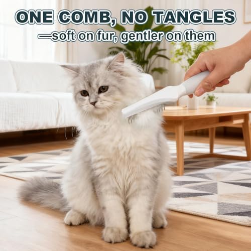 Dog & Cat Grooming Comb for Matted Hair, 2-in-1 Pet Detangling Comb with Long & Short Stainless Steel Teeth, Non-Slip Silicone Handle, Removes Mats, Knots & Tangles, for Long & Short Hair - Image 2